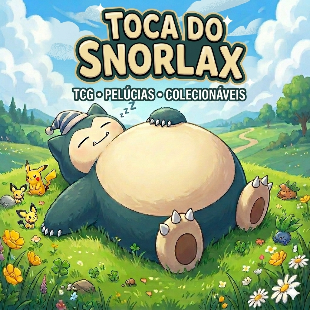 Snorlax dormindo cercado por cartas e pelúcias Pokémon